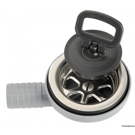 90° lateral drain in stainless steel and moplen, complete with handle cap